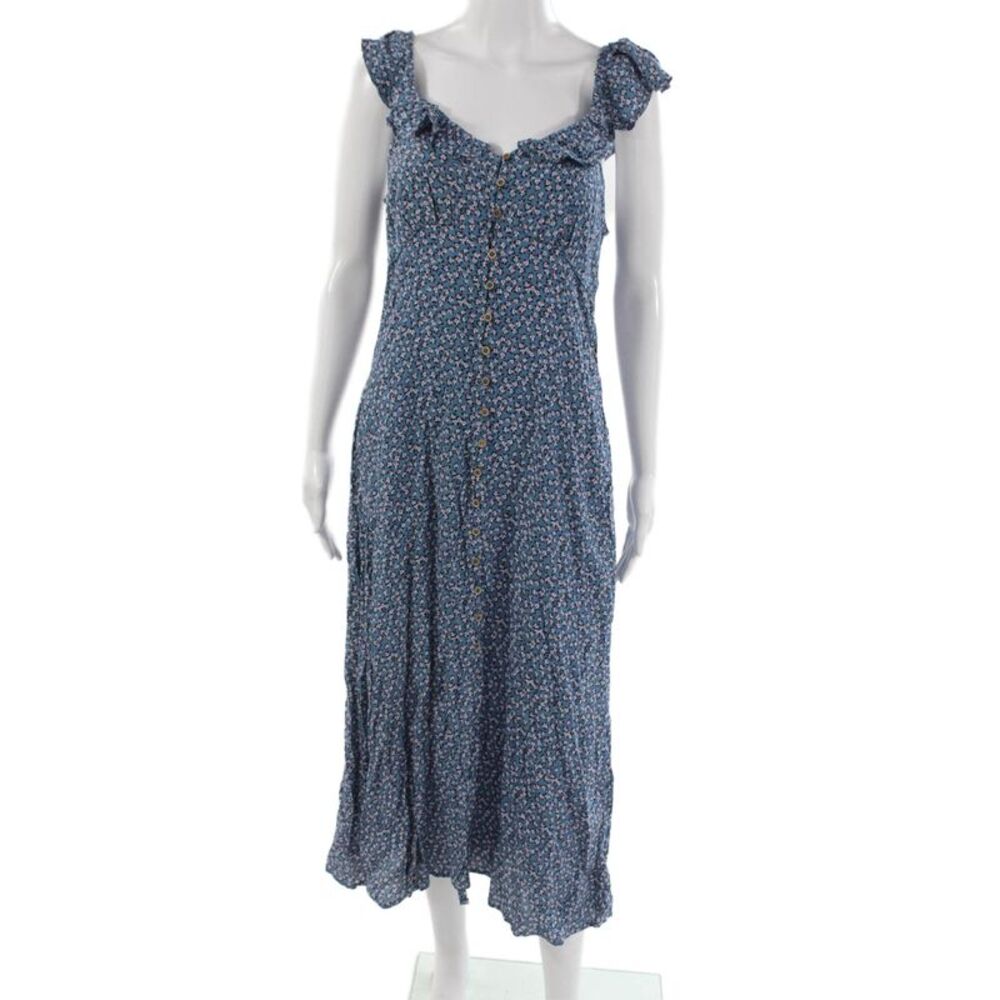 Mahina Womens Button V-Neck Floral Viscose Midi Dress Sleeveless Blue Size M